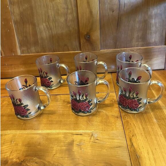 Pasari Frosted Pressed Glass Red Rose Hand Painted Mugs Set of 6 - Picture 3 of 7